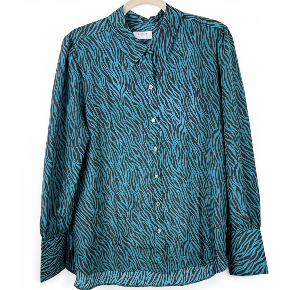 UNTUCKit Carlyn Teal Black Zebra Print Button Down Shirt Womens 10 40770 Regular